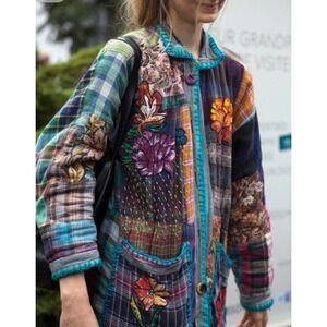Vintage Jou Jou Embroidered Patchwork  Jacket Floral Artsy‎ Multicolor Plaid S